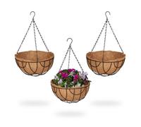 Relaxdays Suspension pour plantes avec panier en fibres de coco, lot de 3, HD 50x31 cm, intérieur/extérieur, noir/marron