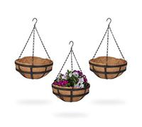 Relaxdays Suspension pour Plantes avec Panier en Fibres de Coco, Lot de 3, HD 50x31 cm, intérieur/extérieur, Noir/Marron