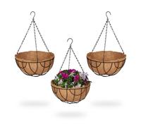 Relaxdays Suspension pour Plantes avec Panier en Fibres de Coco, Lot de 3, HD 50x31 cm, intérieur/extérieur, Noir/Marron