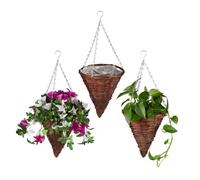 Relaxdays Suspension pour plantes en lot de 3, panier tressé en osier, fait main, pot de fleur HxD 30 x 25 cm, brun