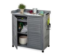 Relaxdays Table à Plantes avec Rangement, 3 Crochets, Bois, Plateau en étain, HLP: 94 x 94 x 47 cm, Armoire Jardin, Gris