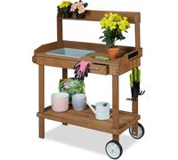 relaxdays Table à plantes brune avec roulettes