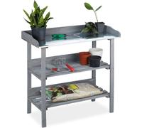 relaxdays, gris plantes, plaque métallique, Table de dépotage avec rangements, bois, jardin, 86 x 92 x 41 cm