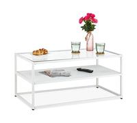 Relaxdays Table Basse, Acier, MDF, Verre, Niveaux de Rangement, H x L x P : env. 42 x 90 x 49,5 cm, pour Salon, Blanche