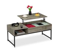 Relaxdays Table basse avec plateau relevable, HLP : 45x110x50 cm, effet bois et métal, table de salon, grise