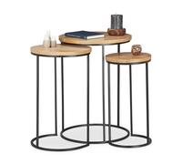 Relaxdays, nature basse lot d’appoint rondes, Table de chevet 3 tailles, En métal et bois de manguier, fer, 3