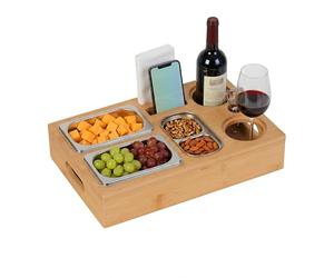 Relaxdays Table Basse en Bambou, 3 Bols en Acier Inoxydable pour collations, Porte-Bouteilles, Verres, téléphone Portable, Plateau de canapé, Naturel