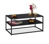 Relaxdays Table basse, 2 supports,en métal, dessus de verre, table de sofa pour salon,hxlxP:env. 42x90x50 cm, noire