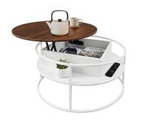 Relaxdays Table Basse, réglable en Hauteur, avec Rangement, H x Ø 46x80 cm, Plateau relevable, MDF, métal, Blanc/Marron