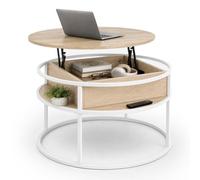 Relaxdays Table Basse Ronde avec Rangement, H x P : 47 x 80 cm, Beige/Blanc | plateau relevable, MDF et métal