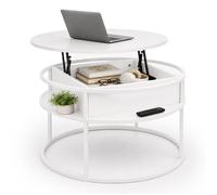 Relaxdays Table Basse Ronde Blanche avec Rangement, MDF et métal | H x P : 47 x 80 cm, plateau relevable