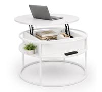 Relaxdays Table Basse Ronde Blanche avec Rangement, MDF et métal | H x P : 47 x 80 cm, plateau relevable