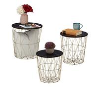 Relaxdays Table Corbeille d’appoint, Lot de 3, Panier pour Le Salon, métal et Aspect marbre, 3 Tailles, Noir-doré