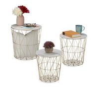 Relaxdays Table Corbeille d’appoint, Lot de 3, Panier pour Le Salon, métal et Aspect marbre, 3 Tailles, Blanc-doré