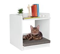Relaxdays Table d’appoint avec lit pour Animal Domestique, Chat et Chien, H x L x P : 54,5 x 50 x 54 cm, Coussin, Blanc