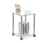Relaxdays Table d’appoint avec roulettes, 2 Supports, carrée, Salon, Verre ER Acier, Table Basse, Transparente/argentée