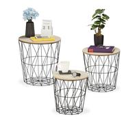 Relaxdays Table d’appoint, Lot de 3, Panier pour Le Salon, en métal et Aspect Bois, 3 Tailles, Bout de canapé, Noir