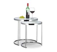 Relaxdays, argenté d'appoint Ronde Console Table Basse Plateau Verre Blanc Cadre Chrome Lot de 2 Design Moderne, 51 x 50 x 50 cm