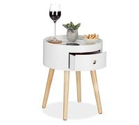 Relaxdays Table d’appoint Ronde, tiroir, Pieds en Bois, Design scandinave, Minimaliste, HxD 46 x 38 cm Blanc/Nature