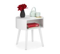 Relaxdays Table d’appoint, table de chevet ronde casier, pieds en bois, design simple, HxlxP 47,5 x 46 x 40 cm blanche