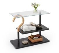 Relaxdays Table d'appoint, 2 Plateaux, Acier, Verre, Bois, Noir/Naturel | salon, H x L x P : 50 x 60 x 30 cm