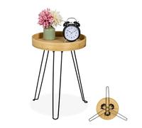 Relaxdays Table d'appoint en Bambou et métal, Design Industriel, H x L x P : 47,5 x 38 x 38 cm, Nature et Noir