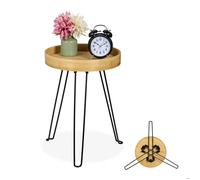 Relaxdays Table d'appoint en bambou et métal, design industriel, H x L x P : 47,5 x 38 x 38 cm, nature et noir