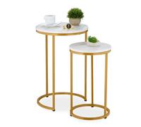 Relaxdays Table d'appoint en Lot de 2 (Dimensions différentes), mélange de matériaux, pour Le Salon, Blanc et doré