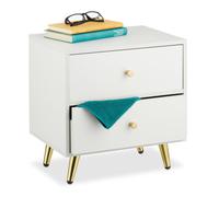 Relaxdays Table de chevet, 2 tiroirs, H x L x P : 41,5 x 40 x 32,5 cm, pour la chambre (d'invités), blanc et doré