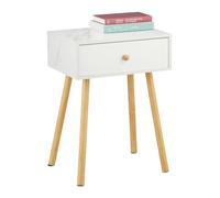 Relaxdays Table de chevet aspect marbre, avec tiroir, pieds en bois 55 x 40 x 32 cm Blanc et nature