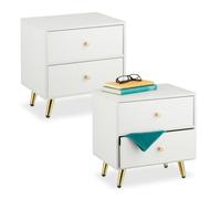 Relaxdays Table de chevet, lot de 2, 2 tiroirs, 41,5×40×32,5 cm, blanc et doré