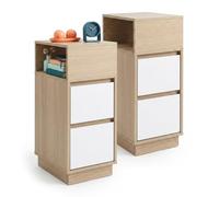 Relaxdays Table de Chevet, Lot de 2, 2 tiroirs, 1 Niche, Nature/Blanc | H x L x P : 64 x 24 x 30 cm, chambre à coucher, table de chevet