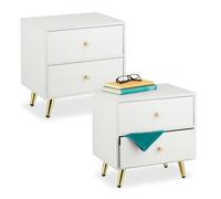 Relaxdays Table de chevet, lot de 2, 2 tiroirs, 41,5×40×32,5 cm, blanc et doré