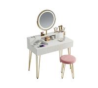 Relaxdays Table de Coiffeuse avec Tabouret, Miroir, éclairage, Douilles, 2 tiroirs, 135 x 80 x 40 cm, Blanc/doré