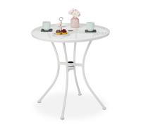 Relaxdays Table de jardin, avec trou pour parasol avec bouchon, aspect grillagé, acier robuste, HxD : 72x70 cm, blanc