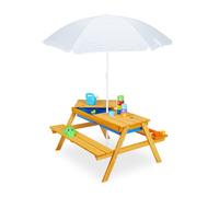 Relaxdays Table de jardin pour enfants, en bois, bacs pour jouer avec l eau et le sable, parasol inclus, orange