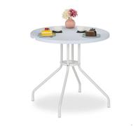 Relaxdays Table de jardin ronde, H x D : 74 x 80 cm, aspect bois, ronde, balcon, terrasse, plastique et acier, blanche