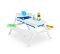 Relaxdays Table de Jeu d’extérieur Enfants, Table Pique-Nique Bois, bacs Plastique, Rangement, HLP: 50x89x85 cm, Blanc