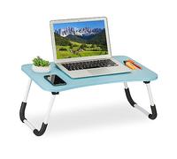 Relaxdays Table de lit, Tablette canapé, HxLxP : 26x63x40 cm, Support Pliable, Ordinateur Portable, MDF, Fer, Bleu Clair
