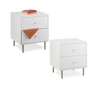 Relaxdays Table de Nuit avec 2 tiroirs, Lot de 2, Table de Chevet, HLP : 52x45x40 cm, chambe et Salon, Blanc/doré