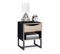 Relaxdays Table de nuit, tiroir, HLP 50x39x35 cm, meuble d’appoint, salon & chambre à coucher, métal, aspect bois, noir