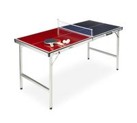 Relaxdays Table de ping-Pong Pliante, Portable, Filet, 2 Raquettes, 3 balles, Alu, MDF, 67,5 x 151 x 67,5 cm, Rouge/Bleu, 1