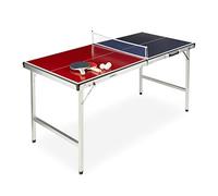 Relaxdays Table de ping-Pong Pliante, Portable, Filet, 2 Raquettes, 3 balles, Alu, MDF, 67,5 x 151 x 67,5 cm, Rouge/Bleu, 1