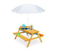 Relaxdays Table de Jardin pour Enfants, en Bois, bacs pour Jouer avec l Eau et Le Sable, Parasol Inclus, Orange