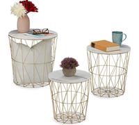Relaxdays Table Corbeille d’appoint, Lot de 3, Panier pour Le Salon, métal et Aspect marbre, 3 Tailles, Blanc-doré