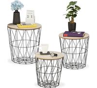 Relaxdays Table d’appoint, Lot de 3, Panier pour Le Salon, en métal et Aspect Bois, 3 Tailles, Bout de canapé, Noir