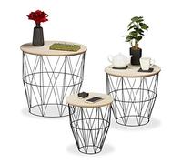 Relaxdays Table en Panier Jeu de 3, Ronde, Optique boisée et métallique, d’appoint pour Salon, 3 Dimensions, Fils de Fer
