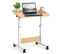 Relaxdays Table PC Portable, Blanche/Naturelle | réglable, 67-90 cm, inclinable, roulettes, forme C, canapé/fauteuil/lit