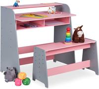 Relaxdays Bureau Enfant avec Banc, 2 Compartiments, Hauteur Table réglable, HxLxP: 88 x 90 x 48 cm, Rose-Gris