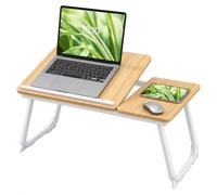 Relaxdays Table pour Laptop pour lit/canapé, Pliable, Naturel/Blanc | Aspect bois, hauteur réglable, tablette de lit, métal